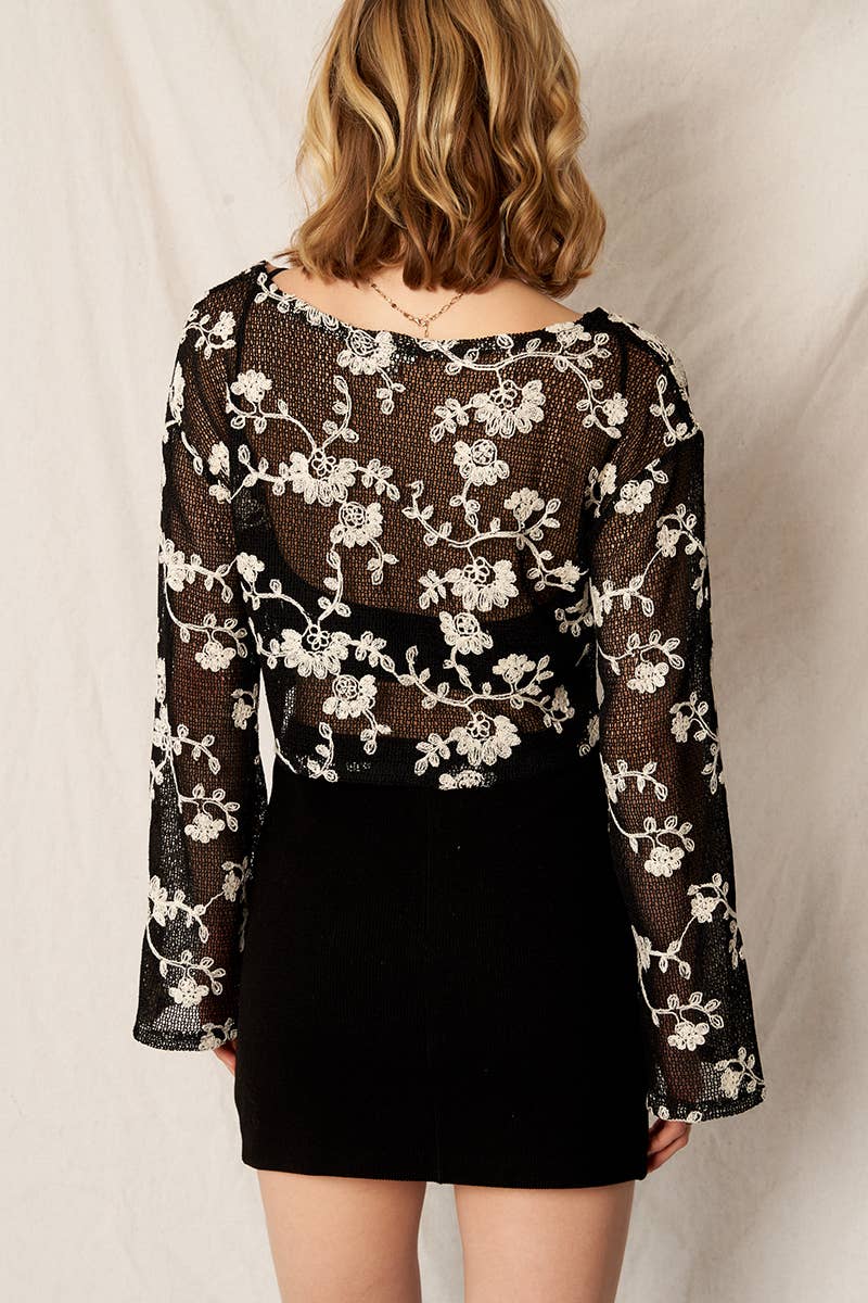 Bell Sleeve Floral Embroidered Mesh Crop Top: Black Ivory