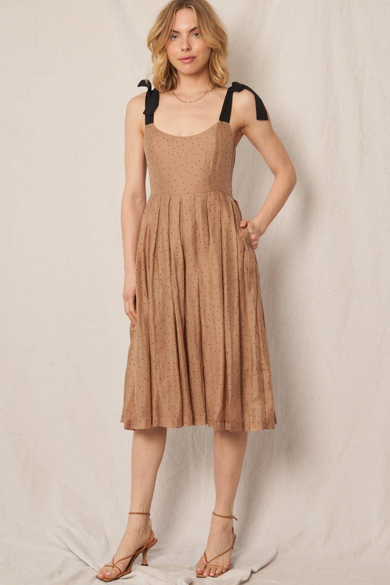 Polka Dot Shoulder Tie Pleated Wide Leg Jumpsuit: Light Brown / S