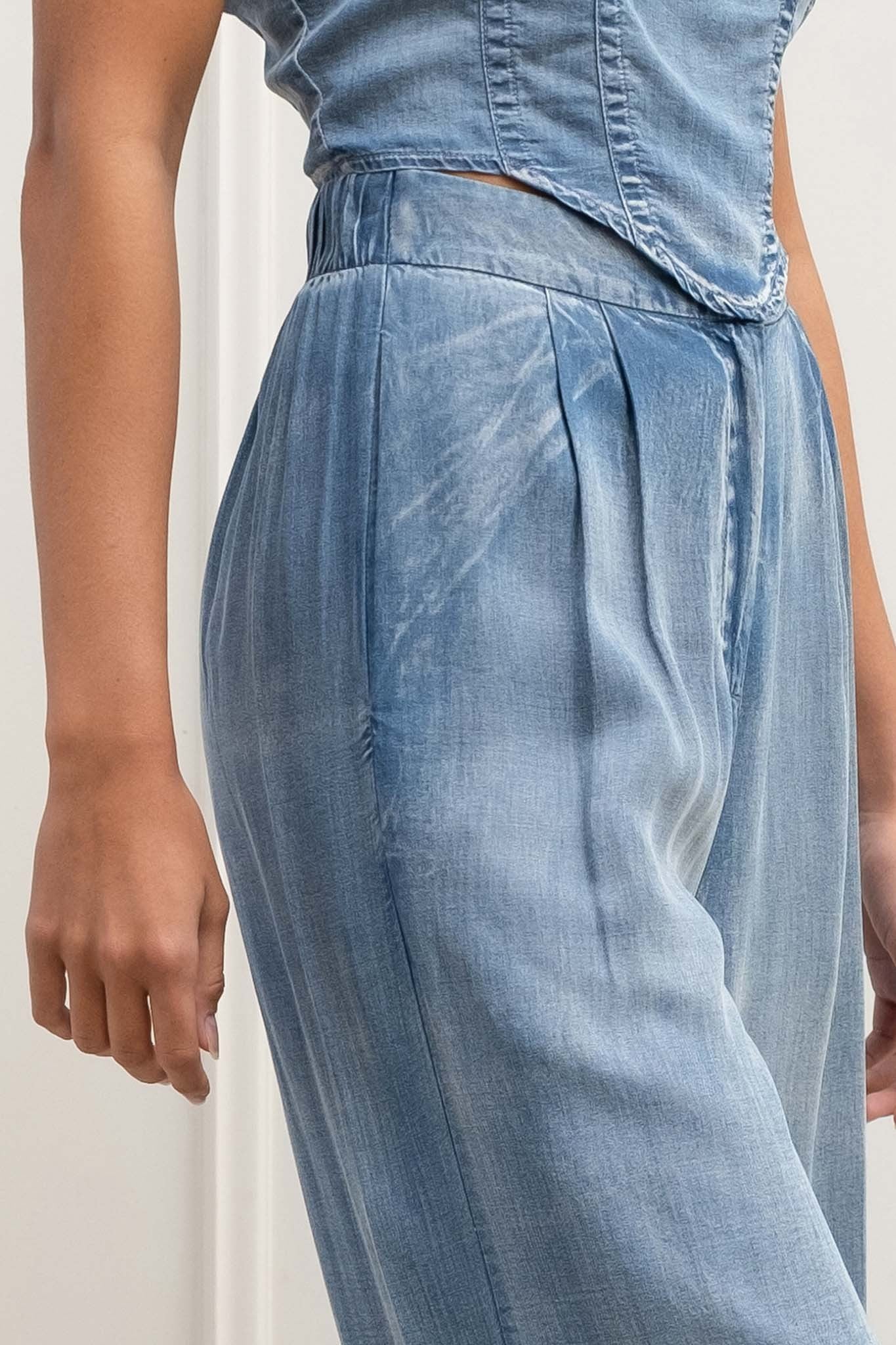 Washed Pleated High Waist Chambray Pants