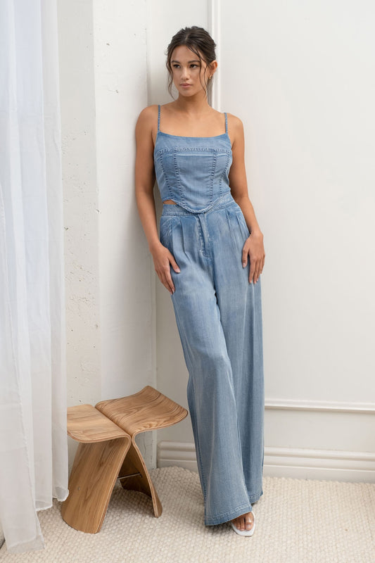 Washed Pleated High Waist Chambray Pants