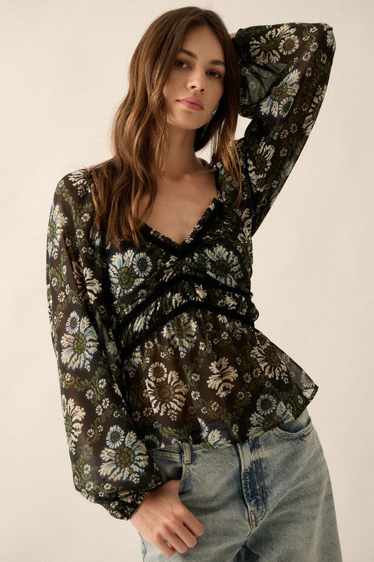 Floral V-Neck Sheer Gather-Bodice Blouse