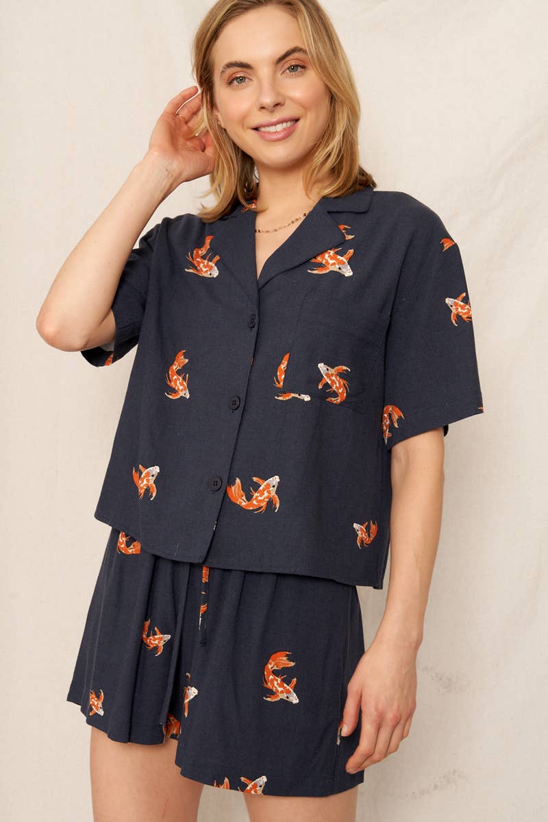 Koi Fish Print Short Sleeve Button Down Shirt: Navy Orange / S