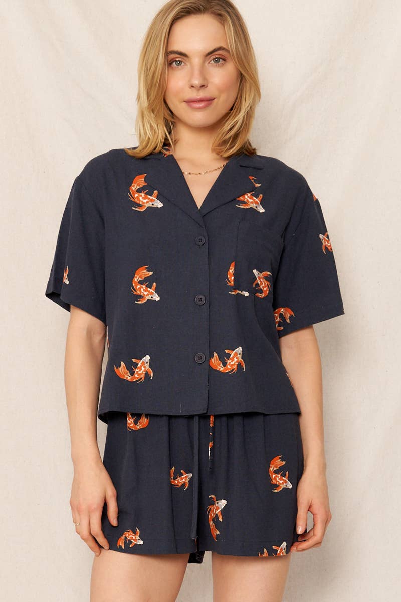 Koi Fish Print Short Sleeve Button Down Shirt: Navy Orange / S