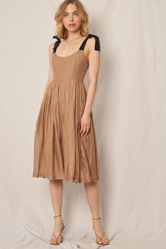 Polka Dot Shoulder Tie Pleated Wide Leg Jumpsuit: Light Brown / S