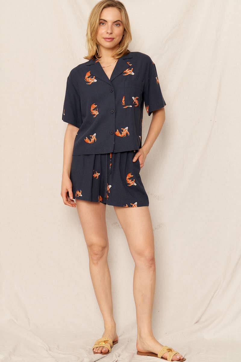 Koi Fish Print Short Sleeve Button Down Shirt: Navy Orange / S