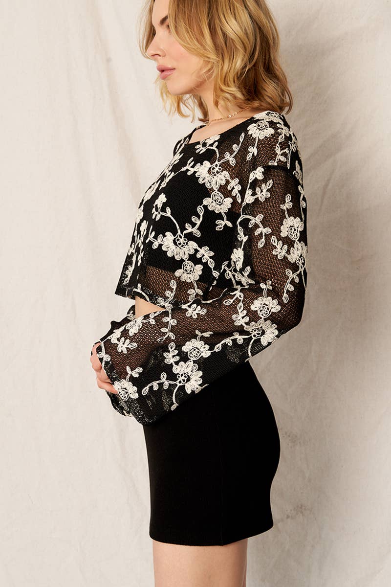 Bell Sleeve Floral Embroidered Mesh Crop Top: Black Ivory