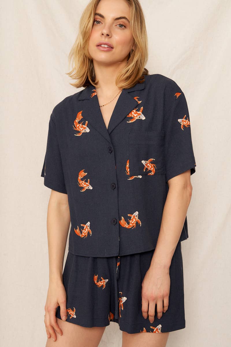 Koi Fish Print Short Sleeve Button Down Shirt: Navy Orange / S