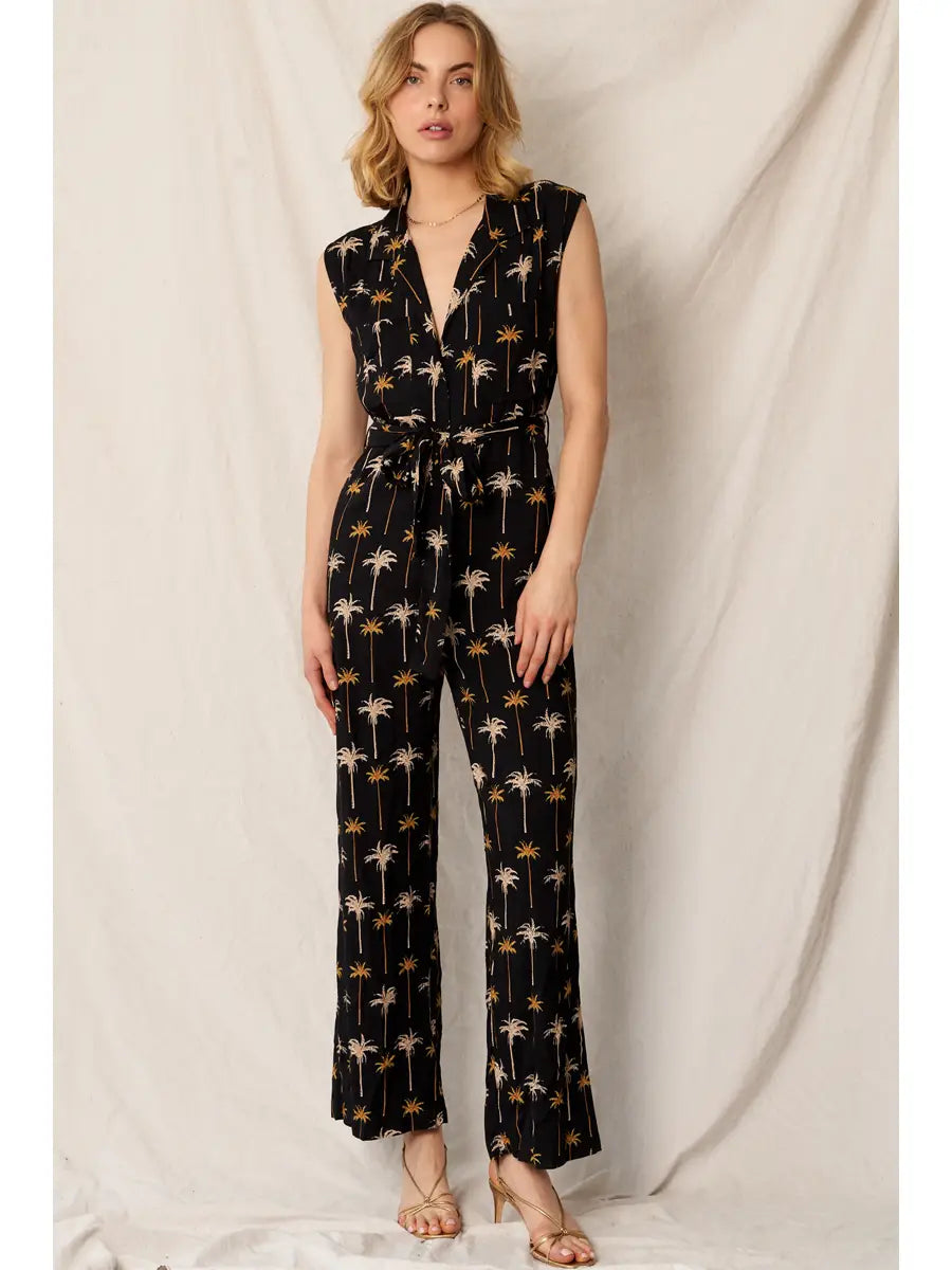 Palm Tree Print Cap Sleeve Belted Jumpsuit