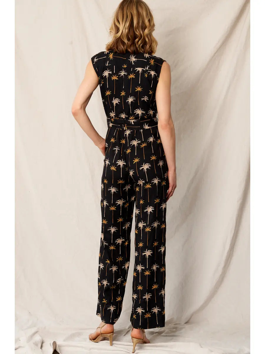 Palm Tree Print Cap Sleeve Belted Jumpsuit