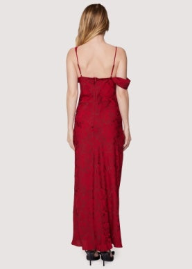 Rouge Vine Maxi Dress - Red Glam Asymmetric Shoulder Fit